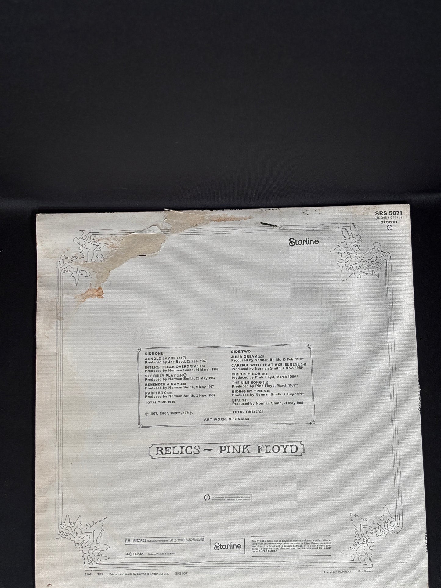 Pink Floyd Relics 1971 UK LP Starline SRS5071 A3 VG+ Vinyl G Sleeve